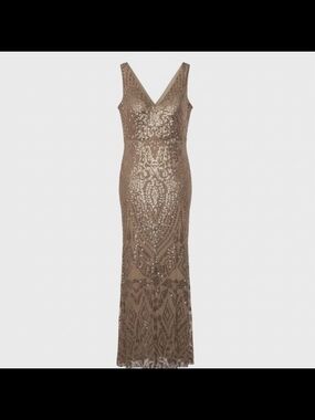Taupe Sequined V-Neck Evening Gown